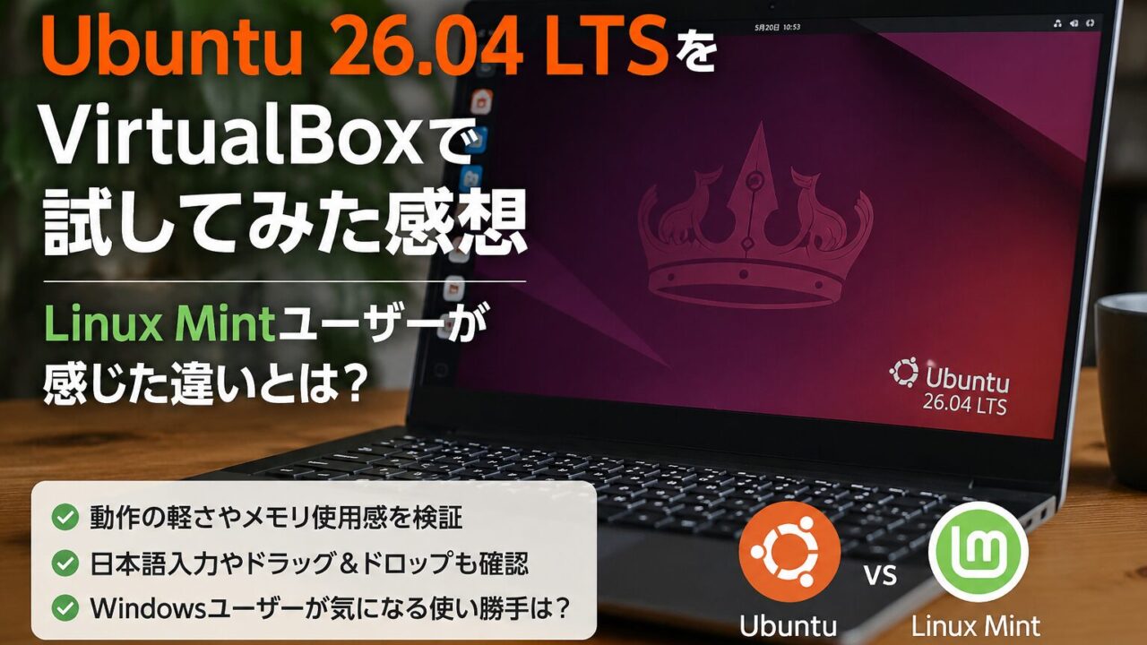 Ubuntu 26.04 LTSをVirtualBoxで試してみた感想。Linux Mintユーザーが感じた違いを紹介するアイキャッチ画像。